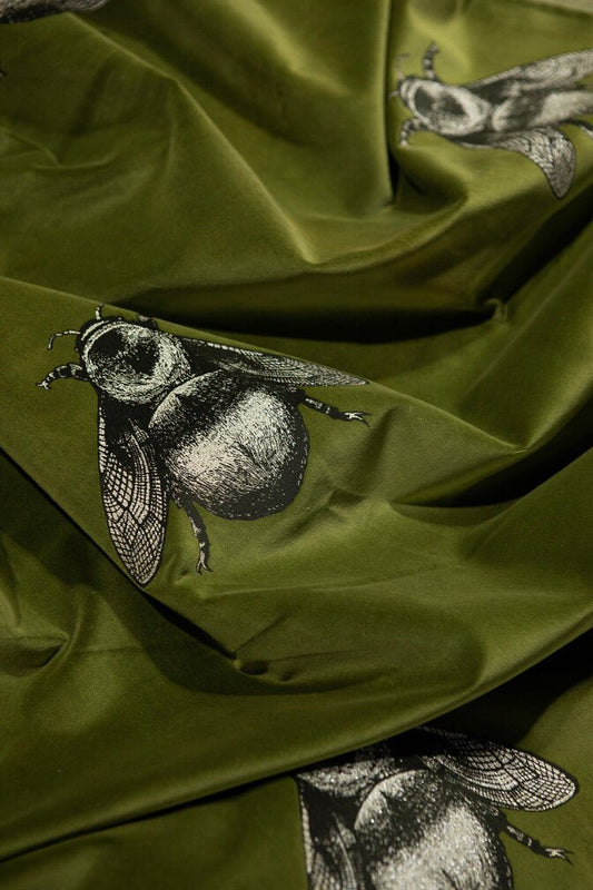 Napoleon Bee Velvet Fabric - Black & Pale Gold on Olive - Timorous Beasties - NB/8118/01 - Premier Wallcovering
