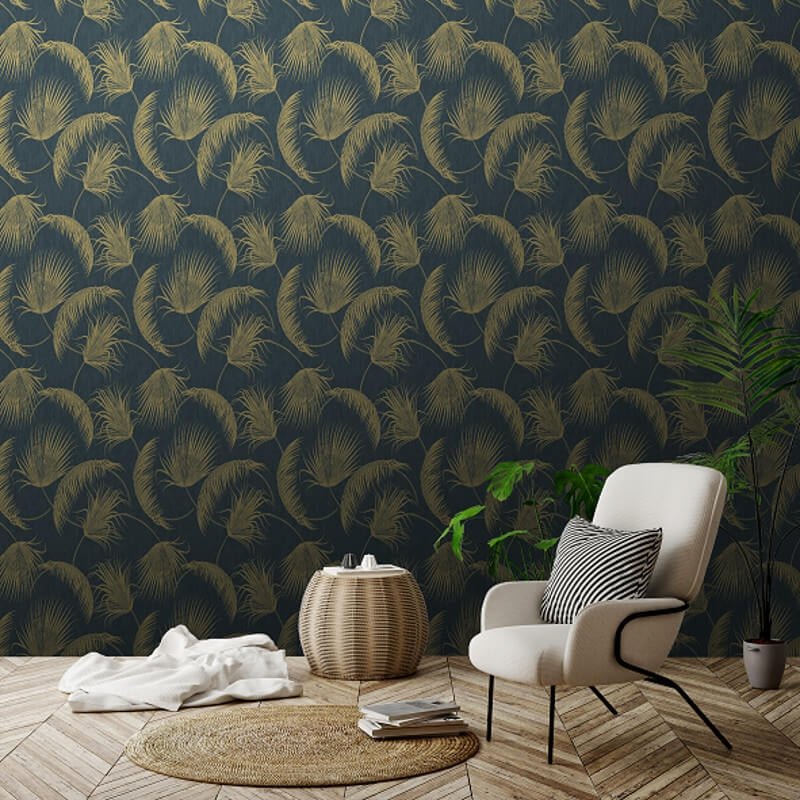 Oasis Leaves Metallic Wallpaper - Blue - SK Filson - SK20019 - Premier Wallcovering