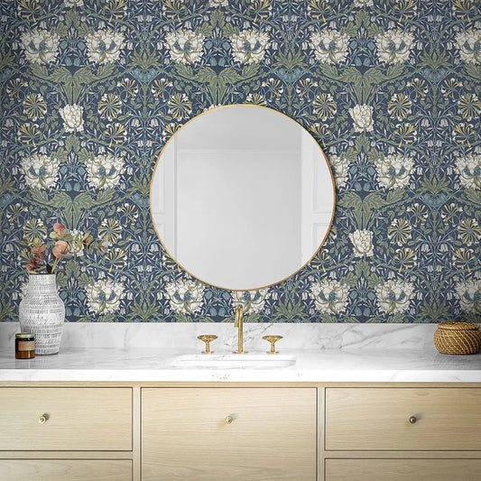 Ogee Flora Wallpaper - Navy Blue - NextWall - NW48202 - Premier Wallcovering