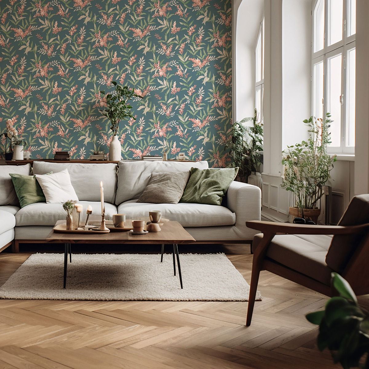 Olivia Floral Wallpaper - Pink / Sage Green - Belgravia - 5906 - Premier Wallcovering