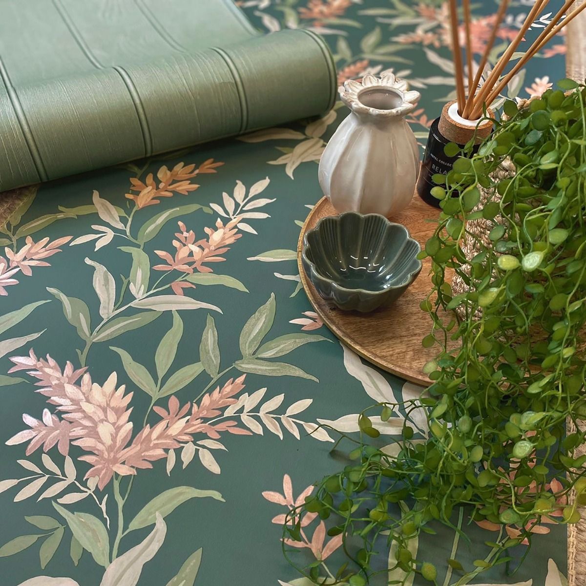 Olivia Floral Wallpaper - Pink / Sage Green - Belgravia - 5906 - Premier Wallcovering