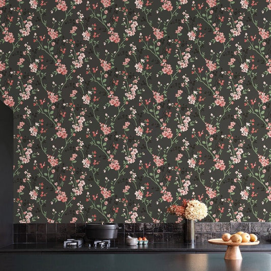 Omaru Jasmin Floral Blossoms Wallpaper - Black - Grandeco - A70001 - Premier Wallcovering