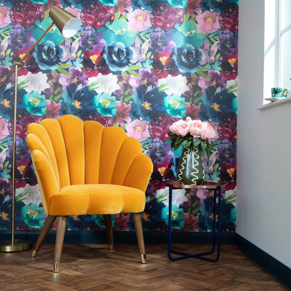 Once and Floral Wallpaper - Navy, Teal, Burgundy & Mauve - Lust Home - LH900338 - Premier Wallcovering