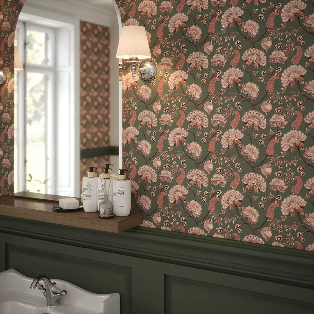 Ophelia Wallpaper - Moss and Blush Pink - LAN100104 - Lucie Annabel - Premier Wallcovering