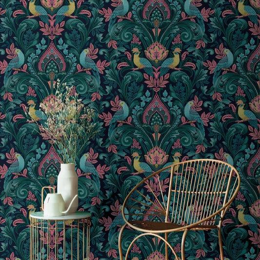 Opulent Damask Wallpaper - Navy/Pink - Grandeco - A67801 - Premier Wallcovering
