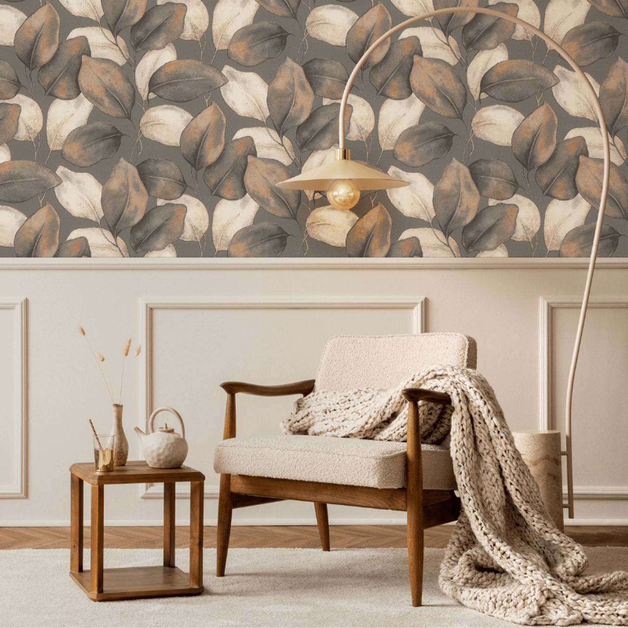 Opulenza Leaf Wallpaper - Charcoal & Rust - Rasch - 659887 - Premier Wallcovering