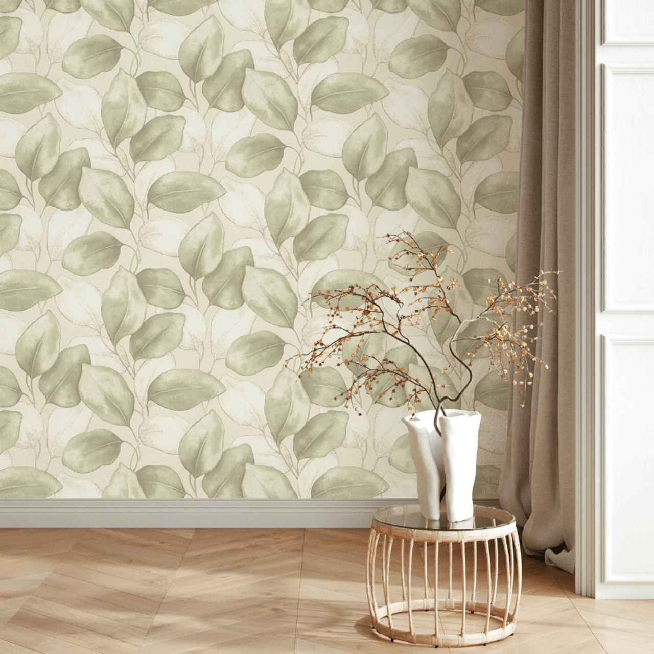 Opulenza Leaf Wallpaper - Sage - Rasch - 659870 - Premier Wallcovering