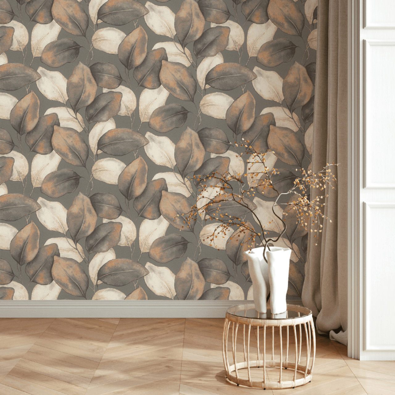 Opulenza Leaf Wallpaper - Charcoal & Rust - Rasch - 659887 - Premier Wallcovering