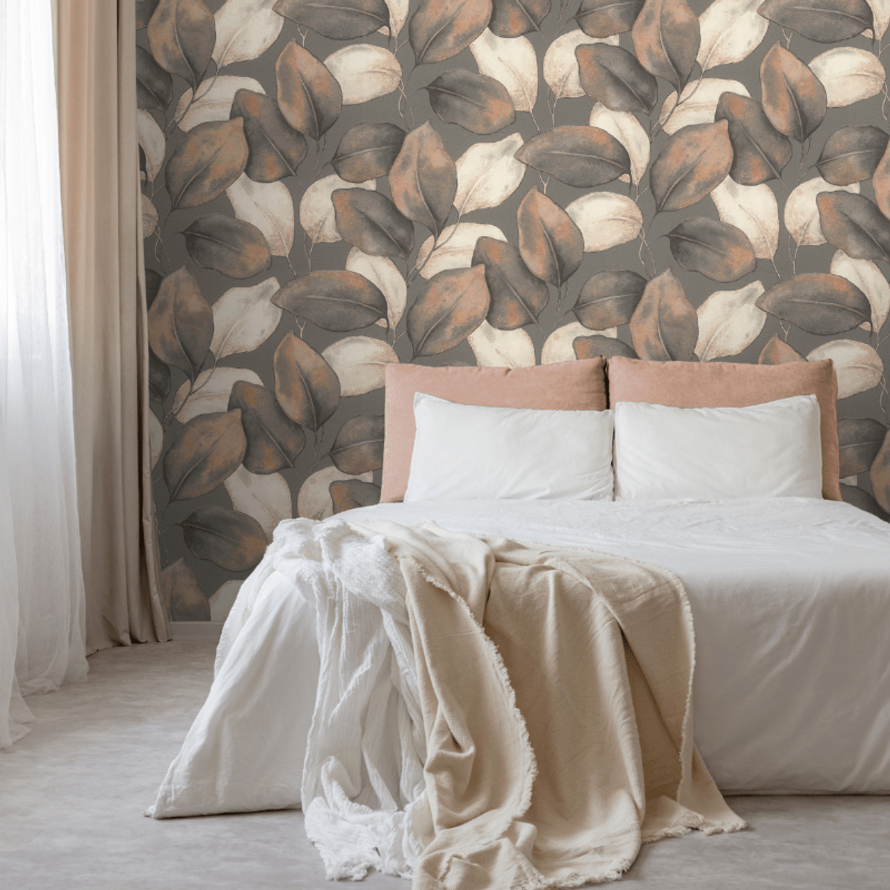 Opulenza Leaf Wallpaper - Charcoal & Rust - Rasch - 659887 - Premier Wallcovering