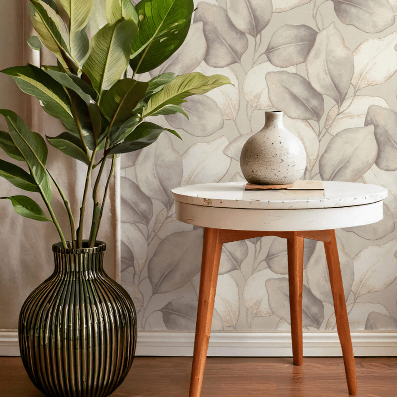 Opulenza Leaf Wallpaper - Charcoal & Rust - Rasch - 659887 - Premier Wallcovering