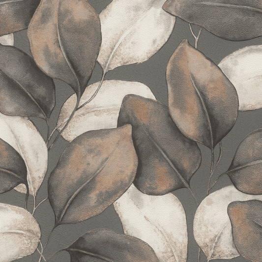 Opulenza Leaf Wallpaper - Charcoal & Rust - Rasch - 659887 - Premier Wallcovering