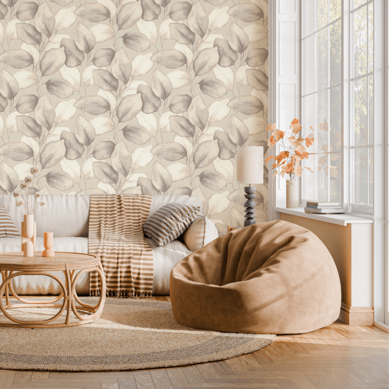 Opulenza Leaf Wallpaper - Charcoal & Rust - Rasch - 659887 - Premier Wallcovering