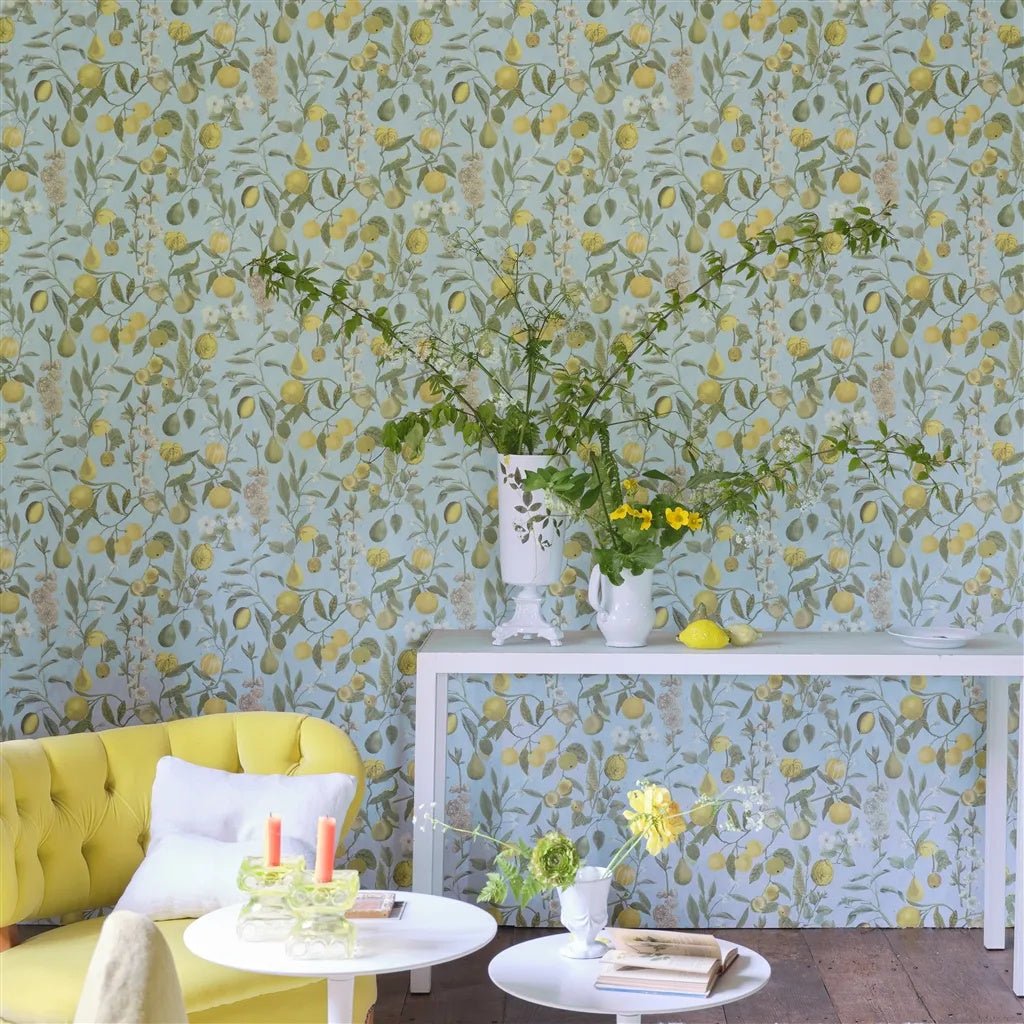 Orchard Fruits Wallpaper - Sky Blue - John Derian - PJD6018/02 - Premier Wallcovering