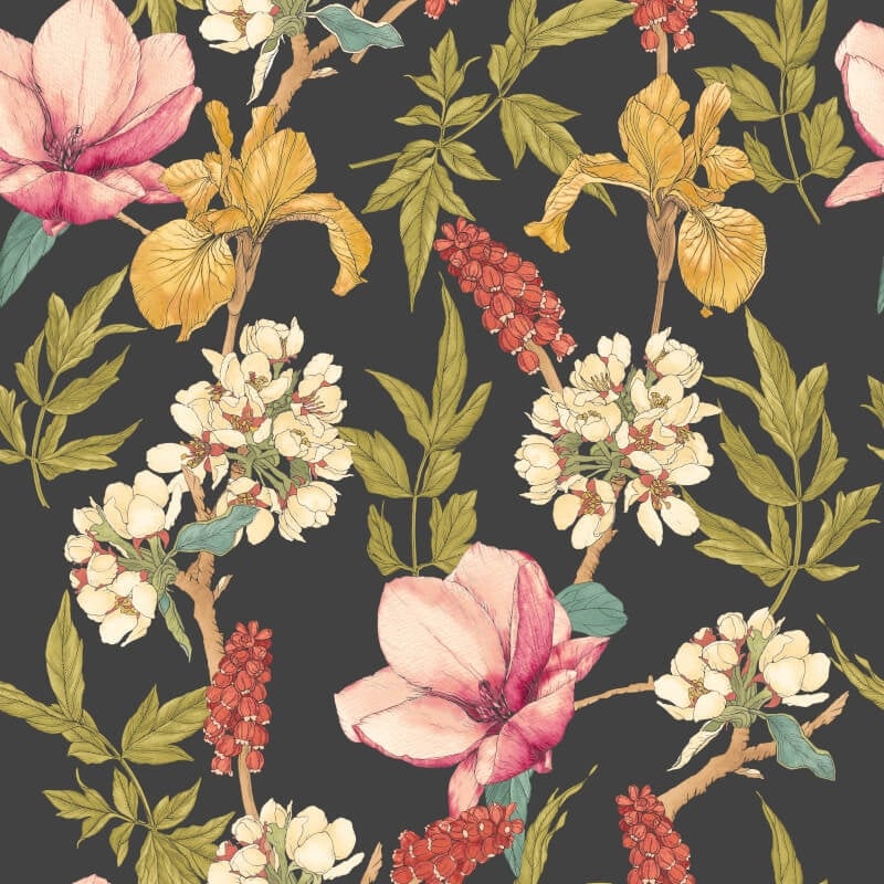 Orchid Bloom Wallpaper - Ebony/Raspberry - Hoopla Walls - HWA1182W - Premier Wallcovering