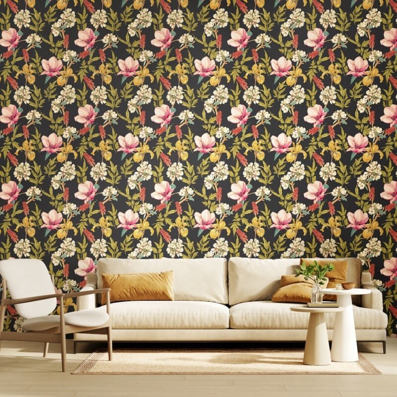 Orchid Bloom Wallpaper - Ebony/Raspberry - Hoopla Walls - HWA1182W - Premier Wallcovering