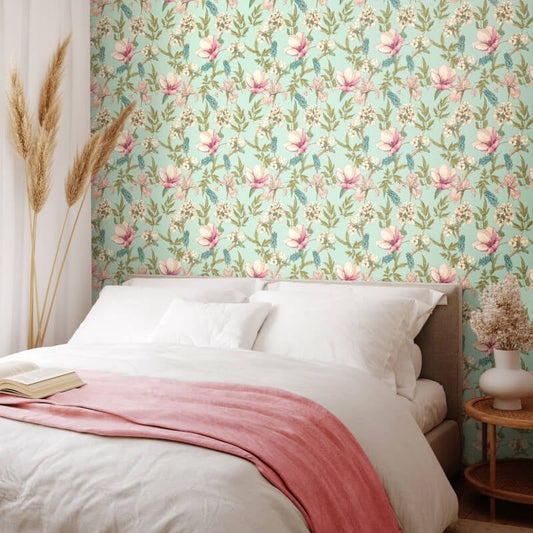 Orchid Bloom Wallpaper - Duck Egg/Blush - Hoopla Walls - HWA1176W - Premier Wallcovering