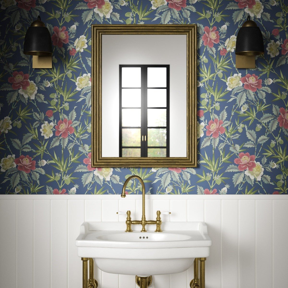 Oriental Peony Wallpaper - Blue - Warner House - Premier Wallcovering