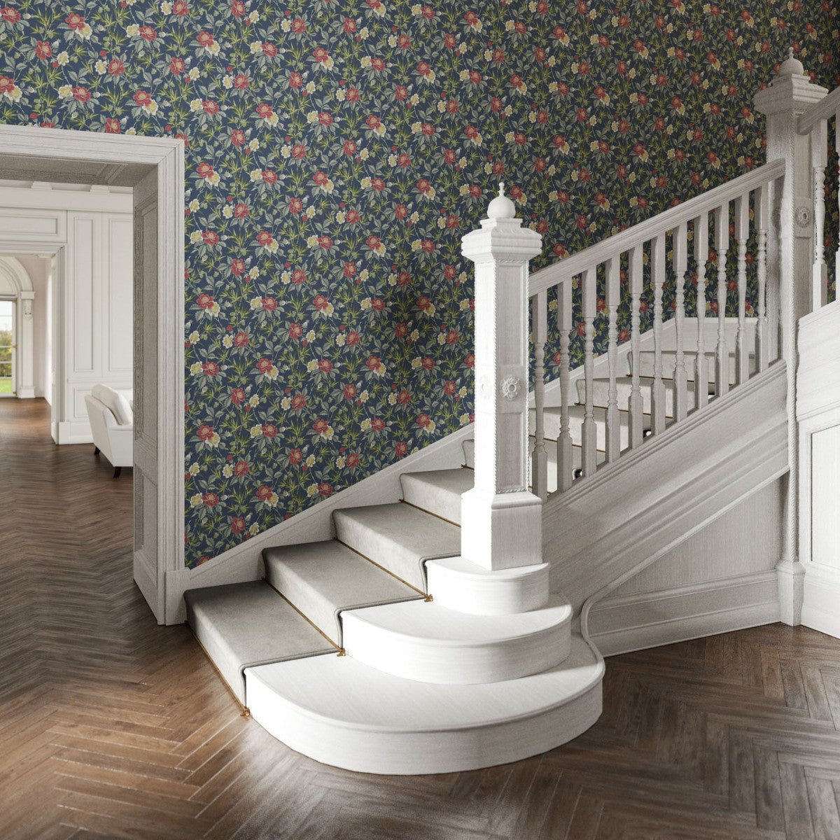 Oriental Peony Wallpaper - Blue - Warner House - Premier Wallcovering