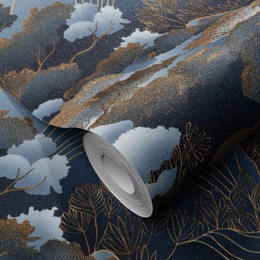 Oriental Trees Metallic Wallpaper - Blue/Gold - Elle Decoration - 10448 - 08 - Premier Wallcovering