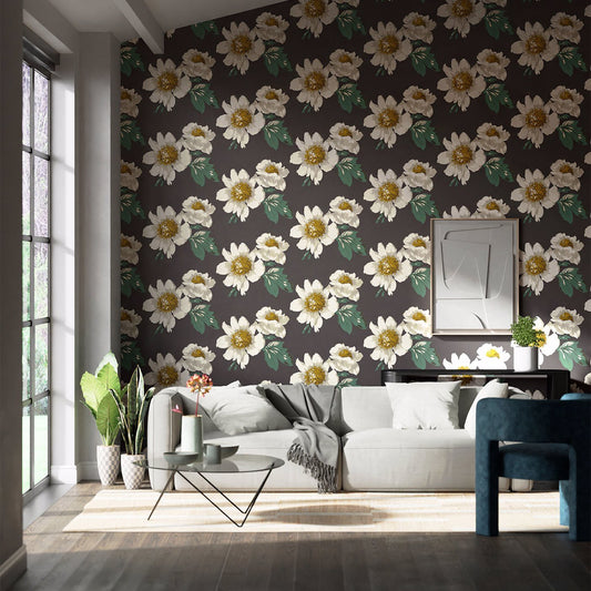 Paeonia Wallpaper - Black Earth/Fig Leaf/ Gold - Harlequin - HQN2112841 - Premier Wallcovering