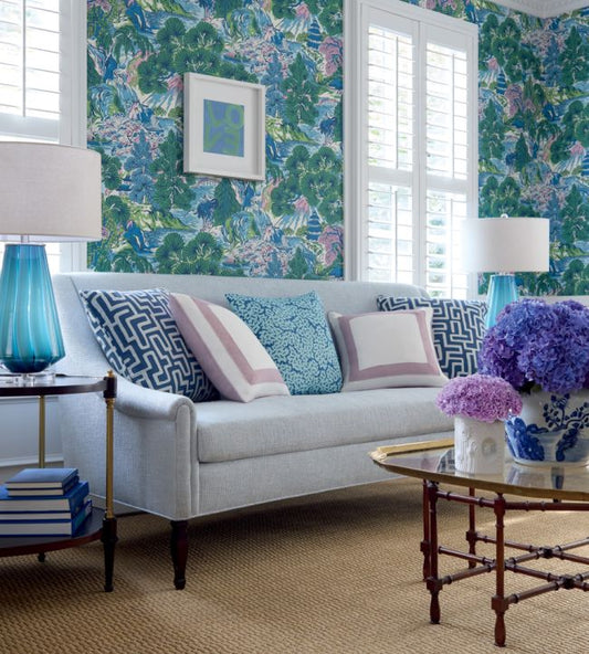 Pagoda Trees Wallpaper - Coral & Green - Thibaut - T42022 - Premier Wallcovering