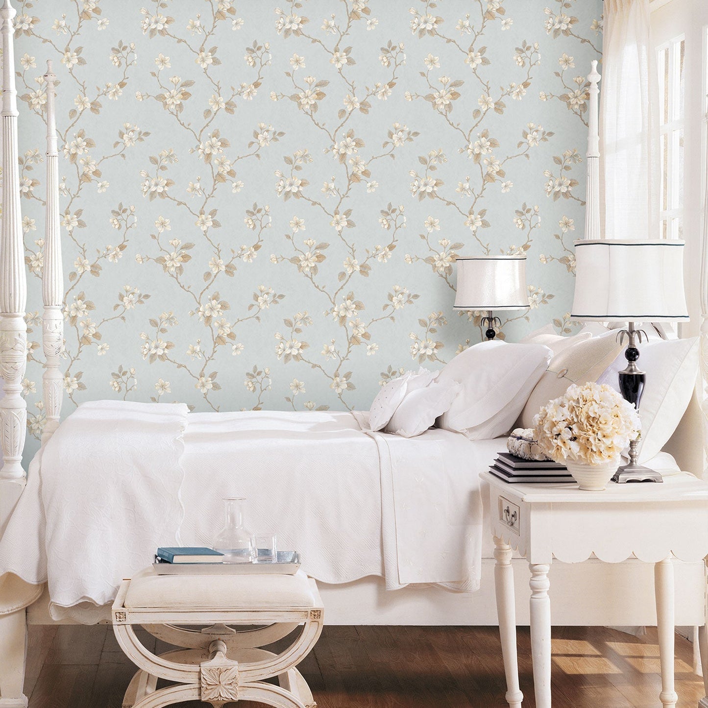Palazzo Floral Bushes Wallpaper - Blue / Cream / Beige - Galerie - G67617 - Premier Wallcovering