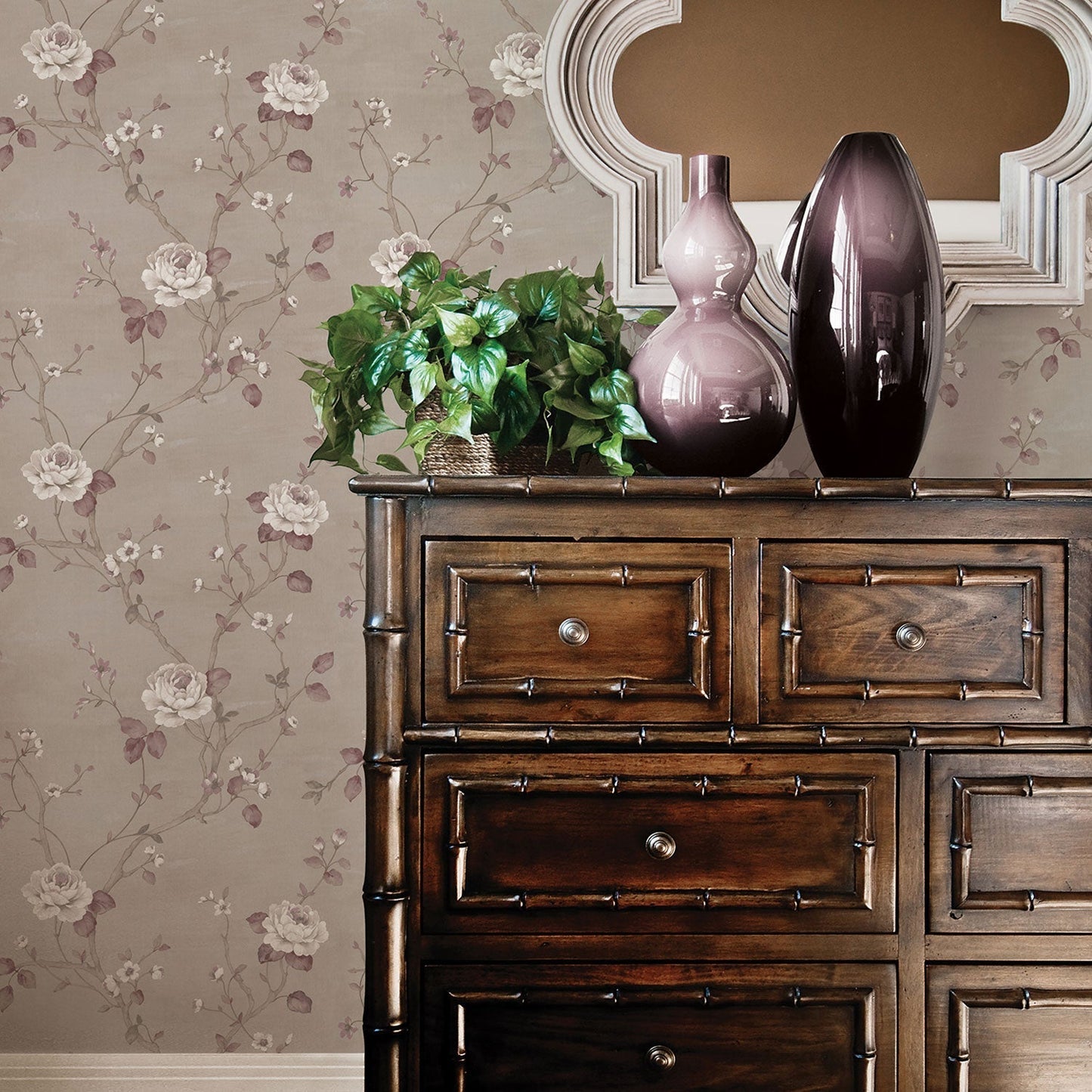 Palazzo Large Floral Wallpaper - Taupe / Beige / Claret - Galerie - G67605 - Premier Wallcovering