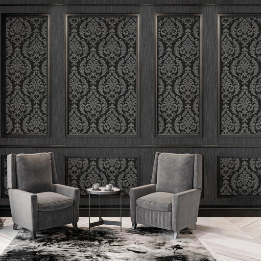 Palazzo Silk Damask Wallpaper - Black / Silver Grey - Galerie - G68676 - Premier Wallcovering