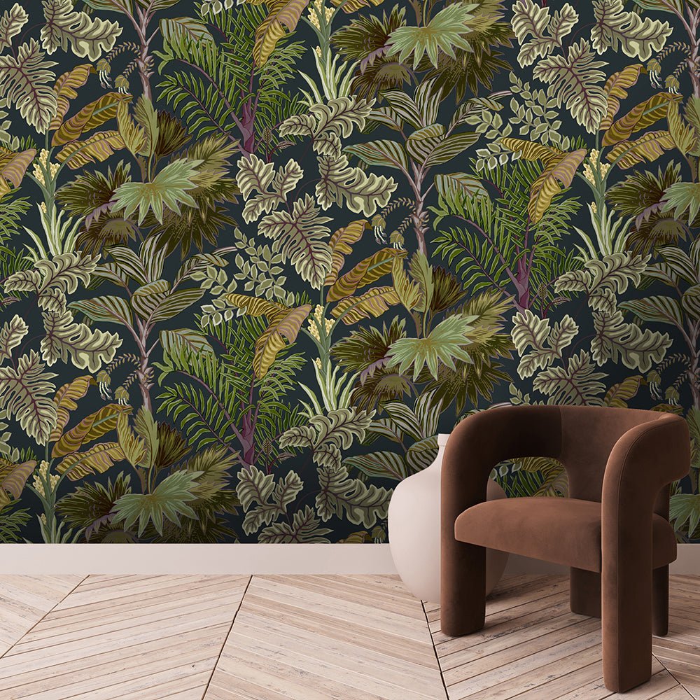 Palm Grove Wallpaper - Midnight and Green - Josephine Munsey - JMW-101321 - Premier Wallcovering