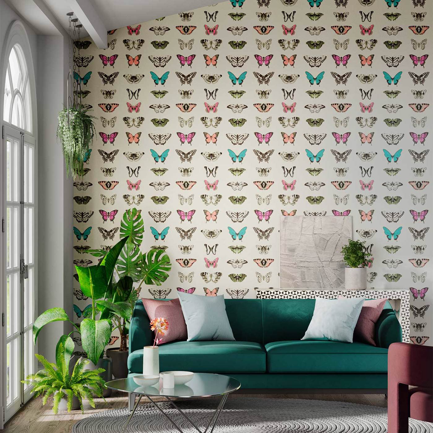 Papilio Wallpaper - Flamingo / Papaya / Olive - HAMA111079 - Harlequin - Premier Wallcovering