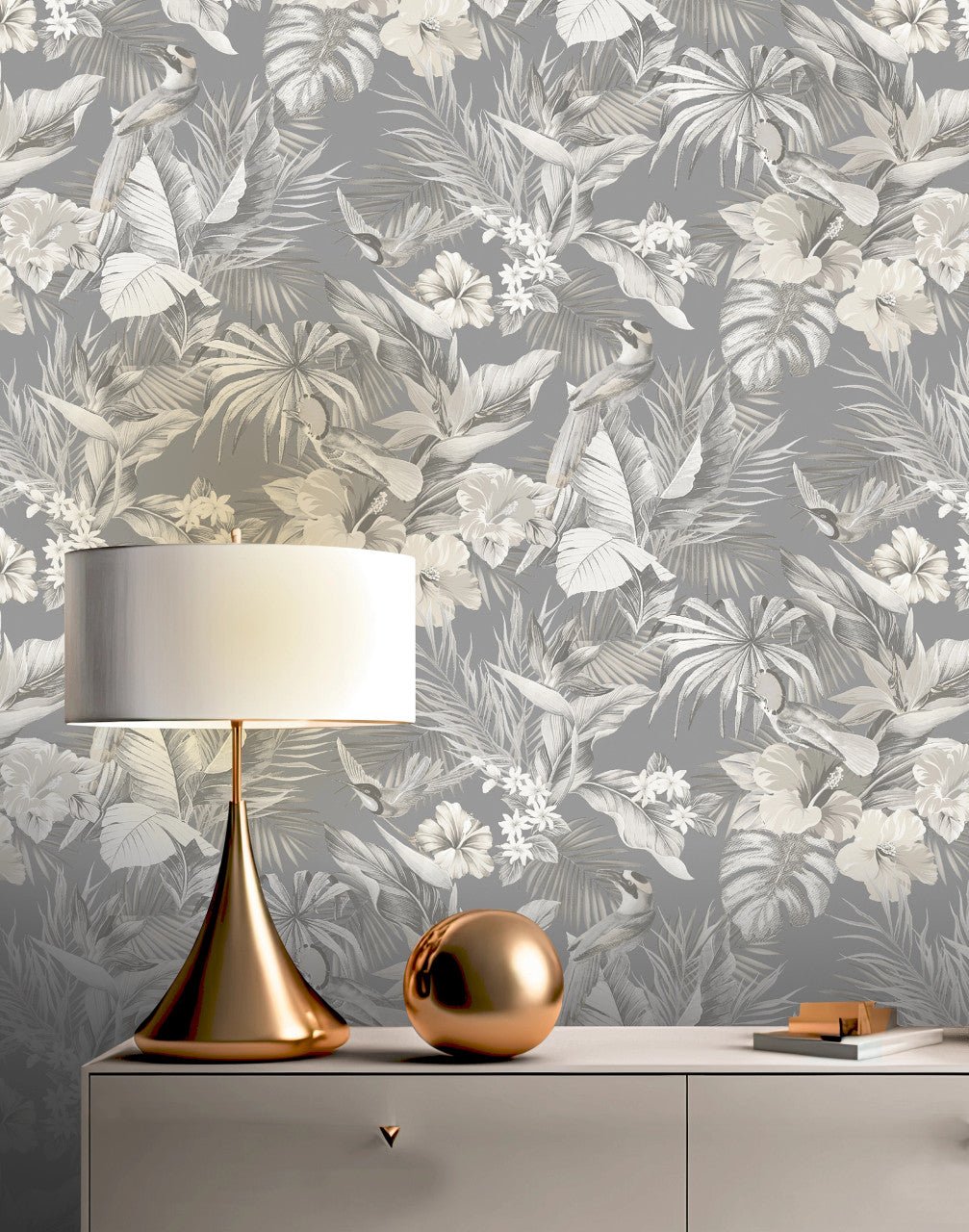 Paradise Birds Vasari Wallpaper - Grey - Rasch - 539073 - Premier Wallcovering