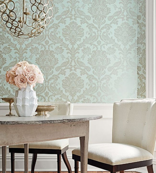 Passaro Damask Wallpaper - Pearl on White - Thibaut - T89134 - Premier Wallcovering