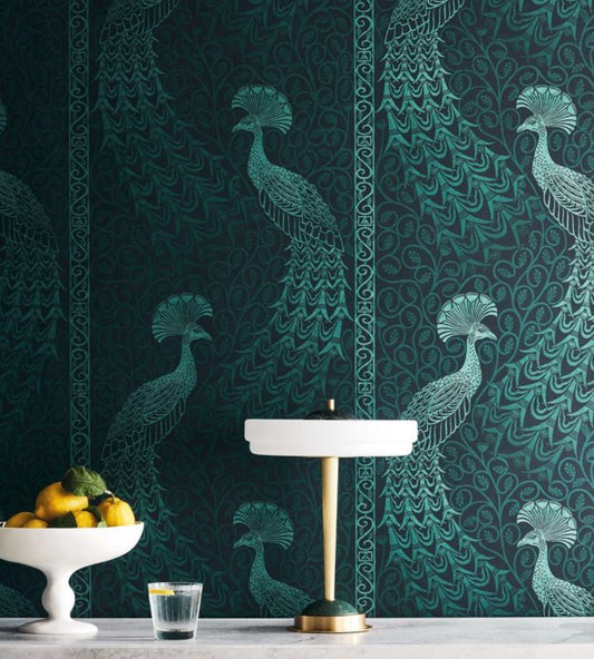 Pavo Parade Wallpaper - Metallic Silver on Denim - 116/8029 - Cole & Son - Premier Wallcovering