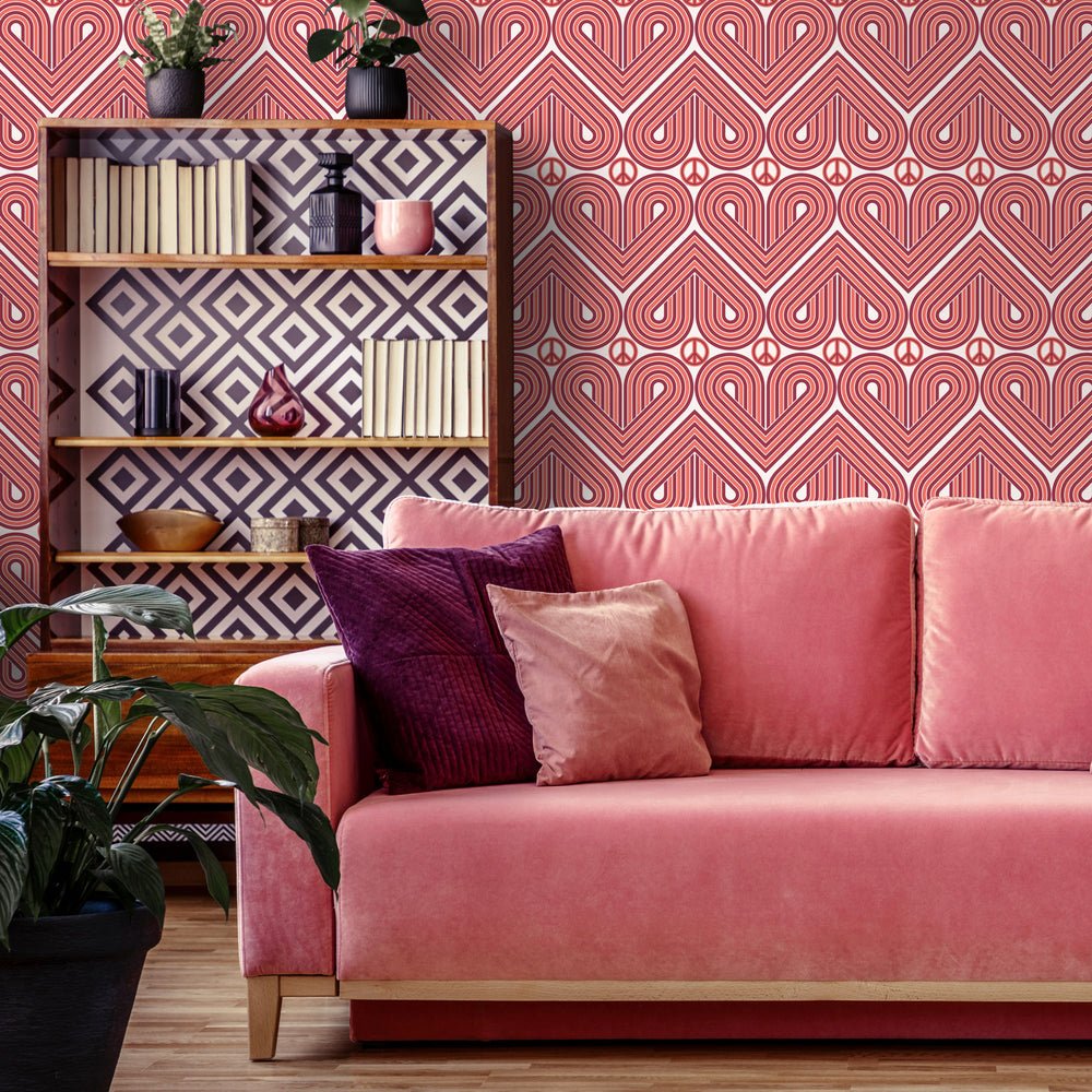 Peace and Love Wallpaper - Deep Red & Coral Red - Lust Home - LH900079 - Premier Wallcovering