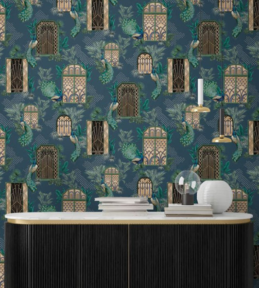 Peacock Manor Wallpaper - Indigo - Brand McKenzie - BMHD002/06A - Premier Wallcovering