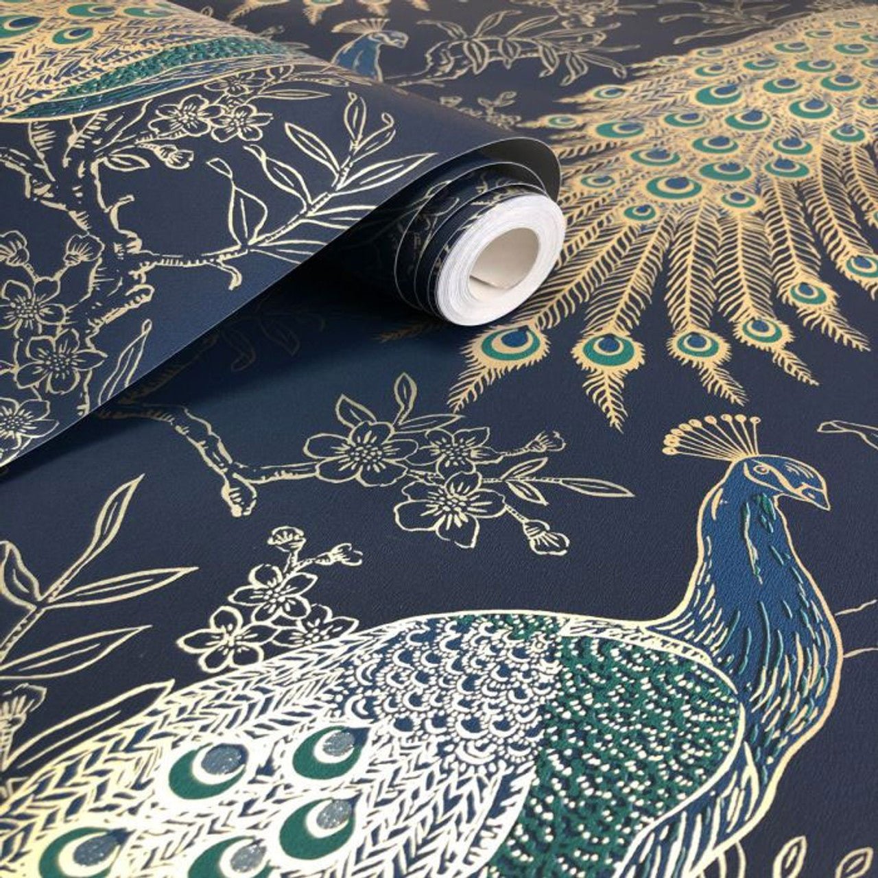 Peacock Portfolio Wallpaper - Navy & Gold - Rasch - 215700 - Premier Wallcovering