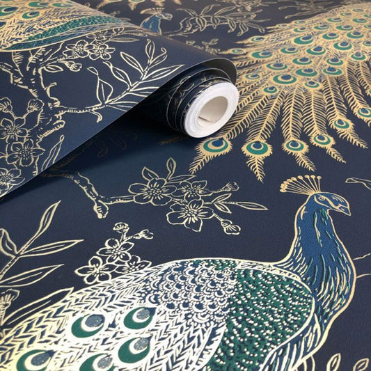 Peacock Portfolio Wallpaper - Navy & Gold - Rasch - 215700 - Premier Wallcovering