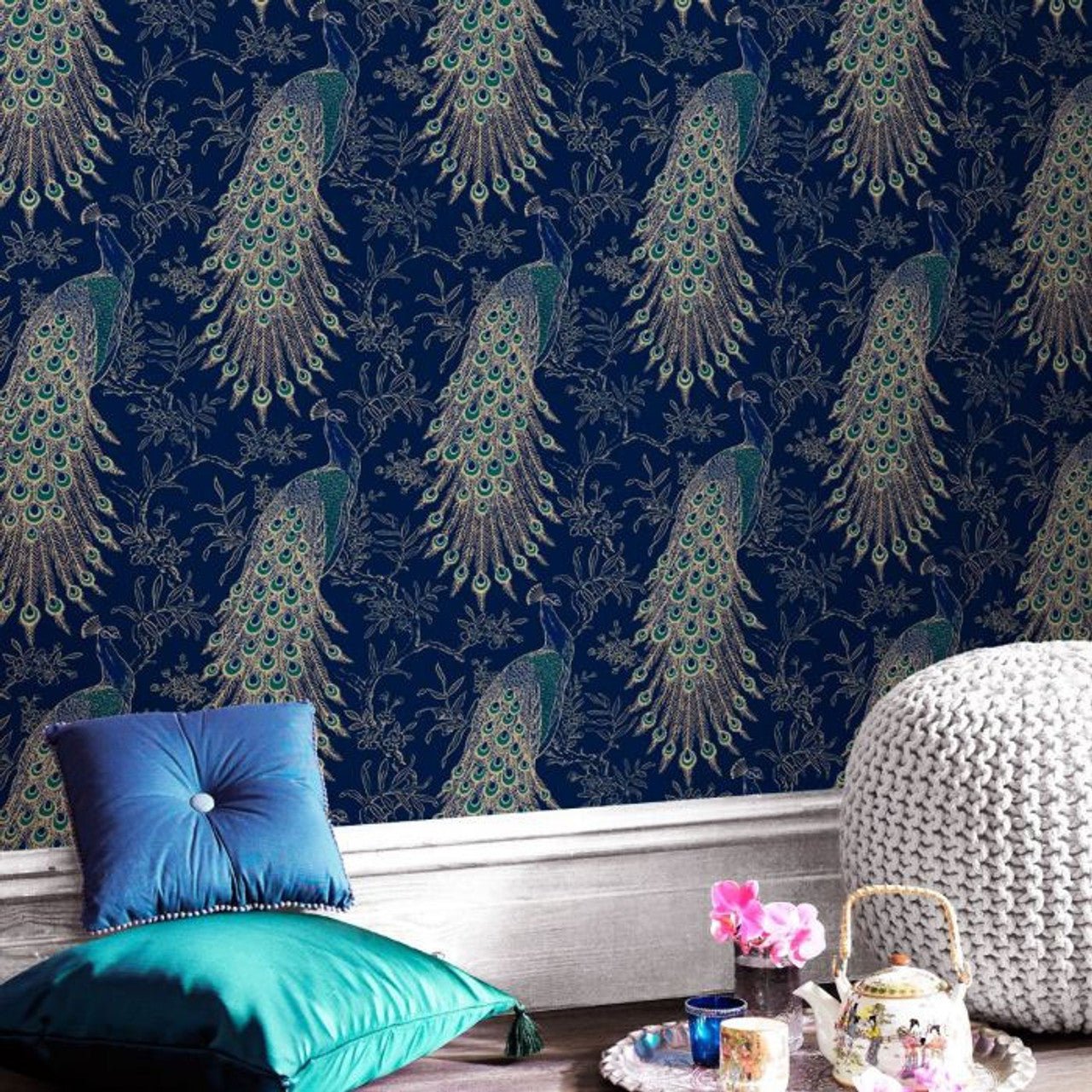Peacock Portfolio Wallpaper - Navy & Gold - Rasch - 215700 - Premier Wallcovering