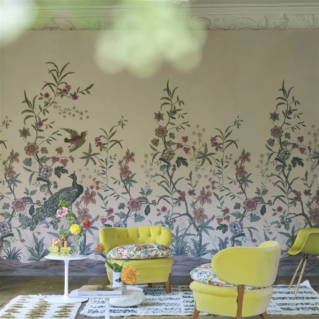 Peacock Toile Scene 1 Wallpaper - Parchment - John Derian - PJD6013/03 - Premier Wallcovering