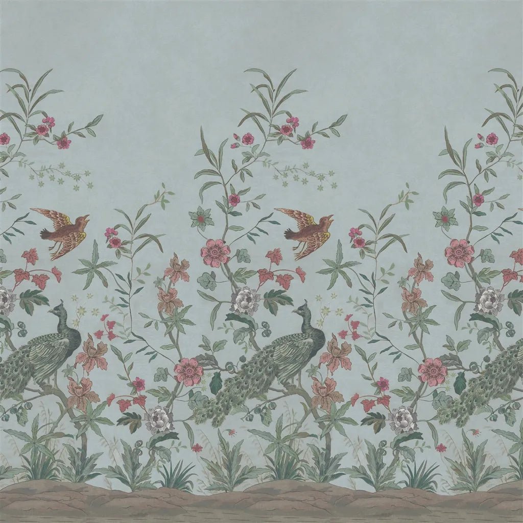 Peacock Toile Scene 1 Wallpaper - Sky Blue - John Derian - PJD6013/02 - Premier Wallcovering