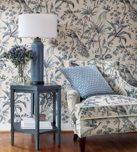 Peacock Toile Wallpaper - Blue and Green - AT57830 - Anna French - Premier Wallcovering