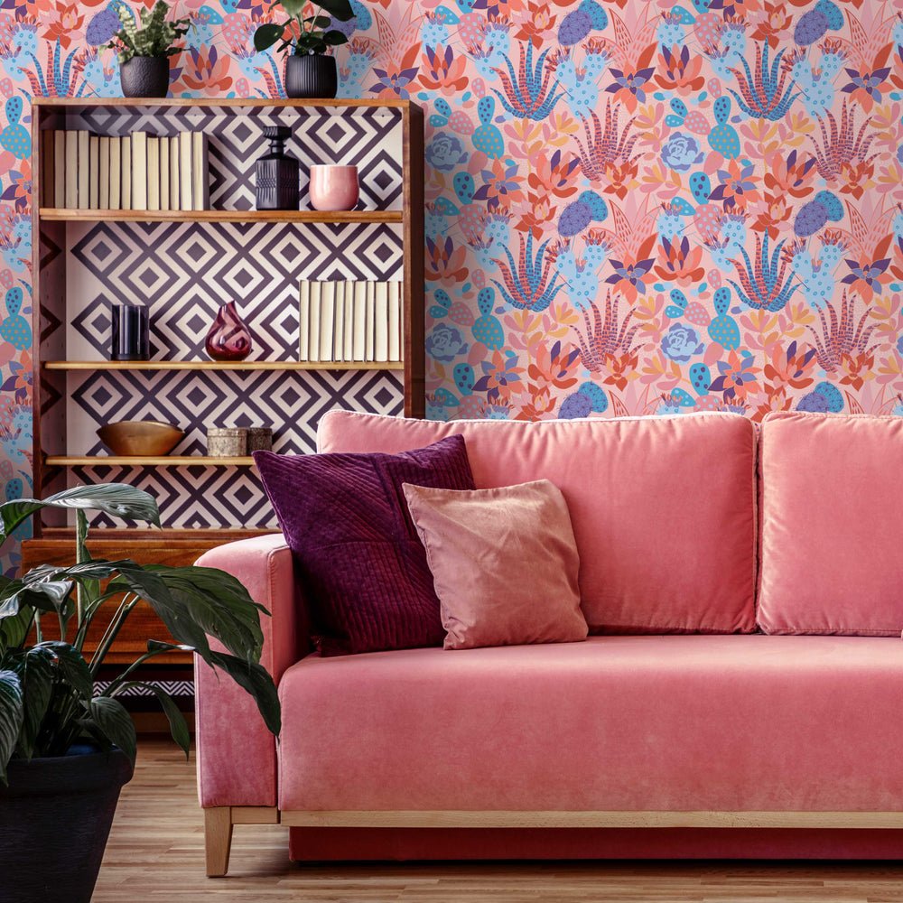 Plantopia Wallpaper - Powder Pink, Peach & Bright Sky Blue - Lust Home - LH900169 - Premier Wallcovering