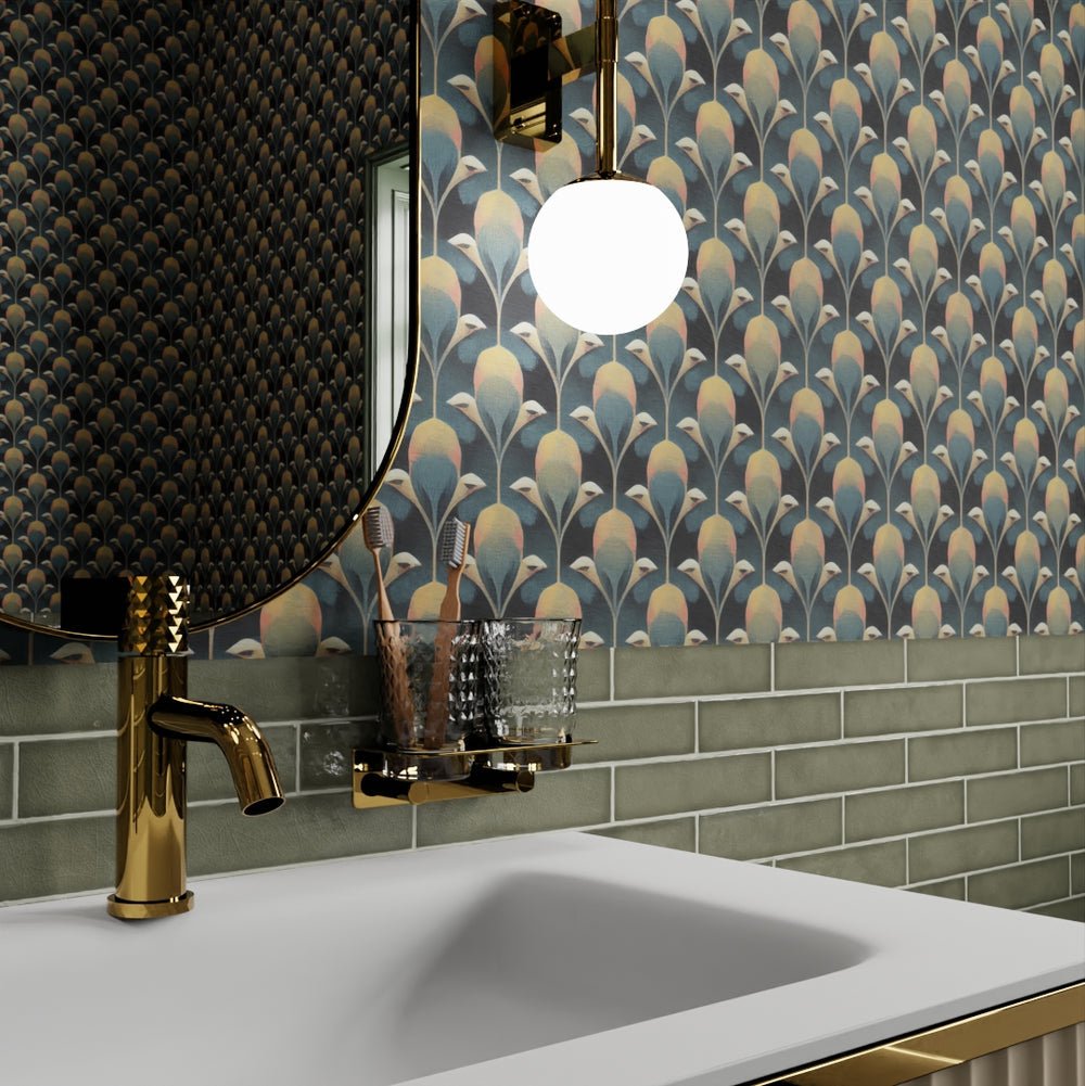 Plume de Paon Wallpaper - Rustic Green, Ochre and Teal - LAN100183 - Lucie Annabel - Premier Wallcovering