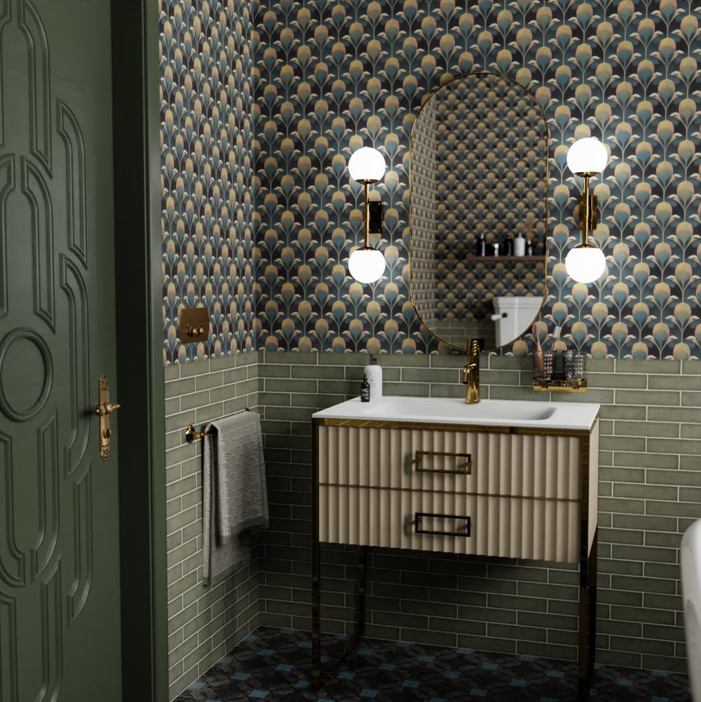 Plume de Paon Wallpaper - Rustic Green, Ochre and Teal - LAN100183 - Lucie Annabel - Premier Wallcovering
