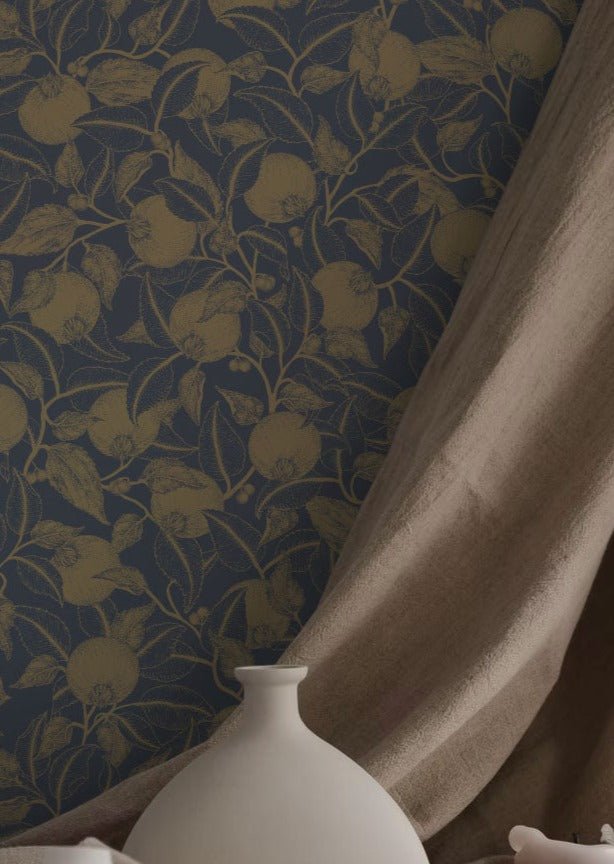 Pomegranate Floral Wallpaper - Gold & Blue - Summer Gray - Premier Wallcovering