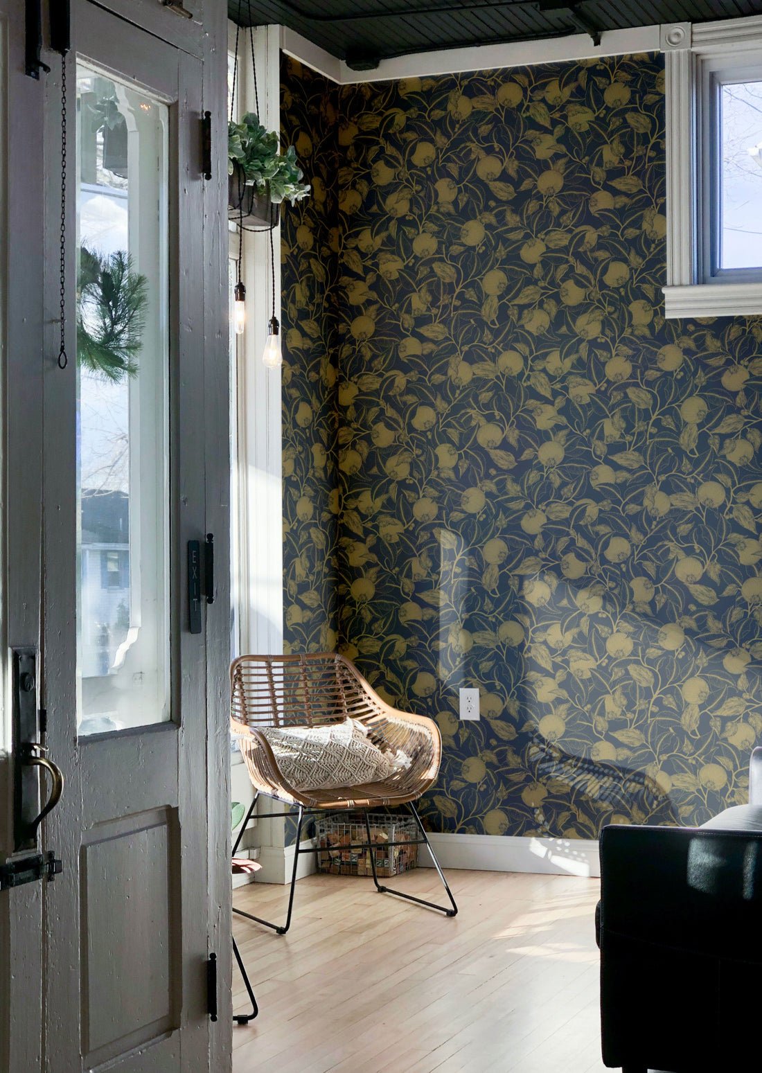 Pomegranate Floral Wallpaper - Gold & Blue - Summer Gray - Premier Wallcovering