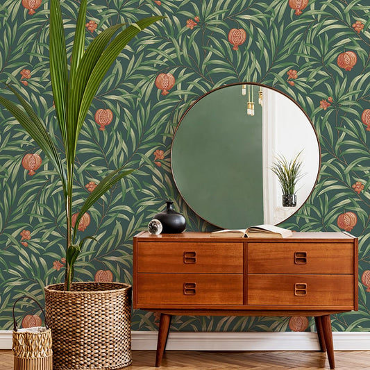 Pomegranate Wallpaper - Green/Orange - Belgravia - 9613 - Premier Wallcovering