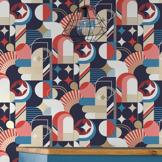 Pop Carnival Geo Metallic Wallpaper - Blue/Red - Muriva - M47410 - Premier Wallcovering