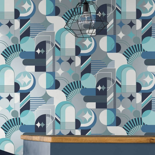 Pop Carnival Geo Metallic Wallpaper - Blue - Muriva - M47401 - Premier Wallcovering