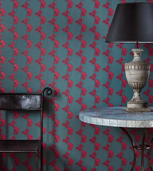 Poppy Fields Wallpaper - Red on Gunmetal - BG1500202 - Barneby Gates - Premier Wallcovering